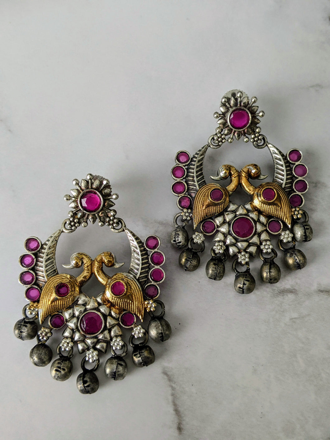 Oxidized Two-tone Peacock Pair Earrings in Ruby