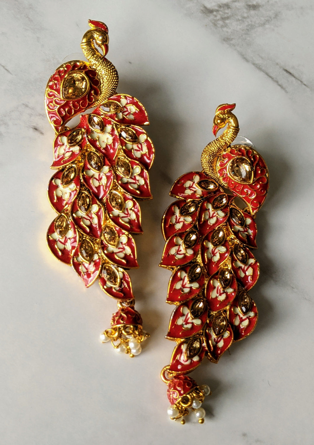 Statement Peacock Earrings in Red