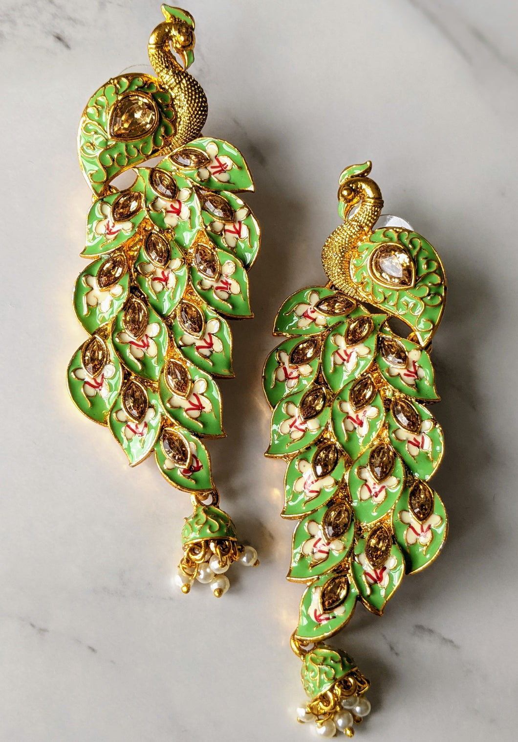 Statement Peacock Earrings in Light Green