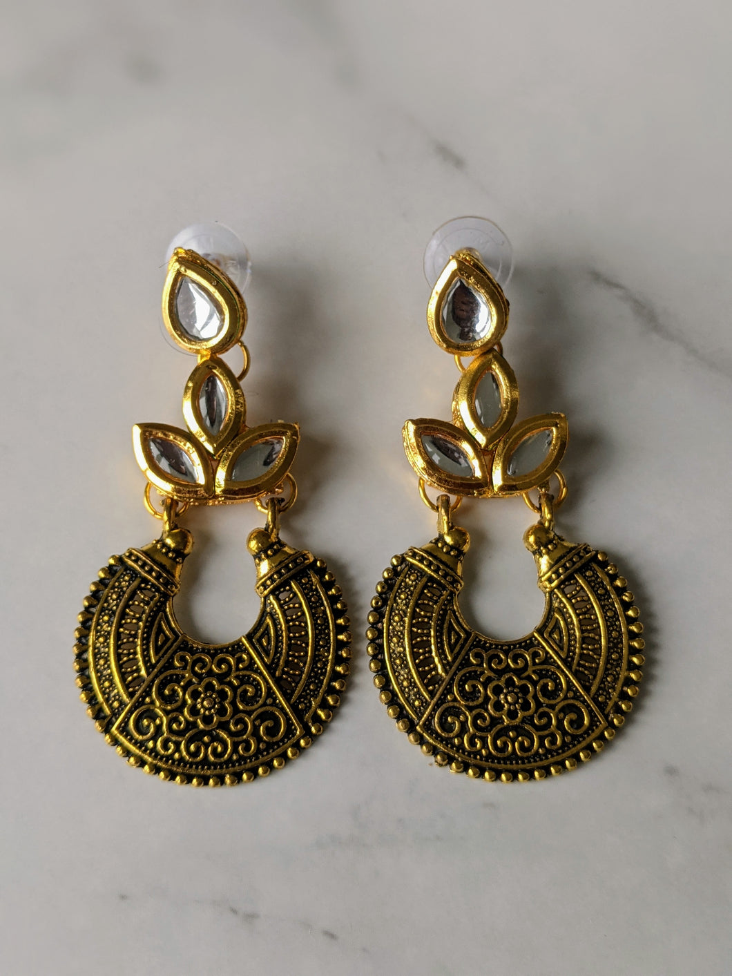 Kundan-style Matte Gold Oxidized Dangle Earrings