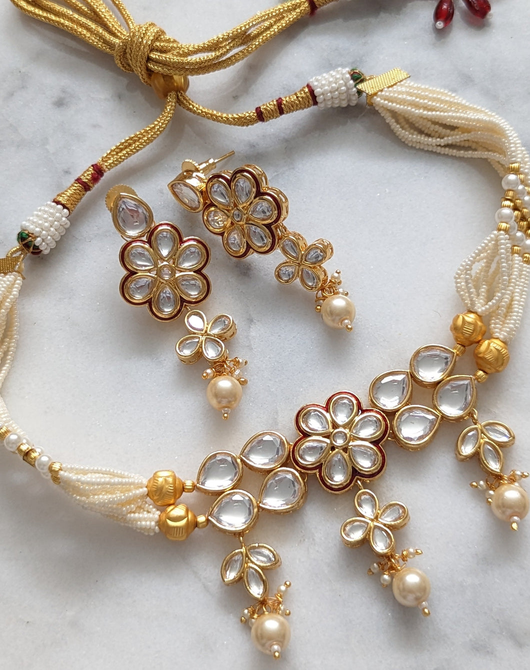 Lodhi Beaded Earring & Necklace Set in White